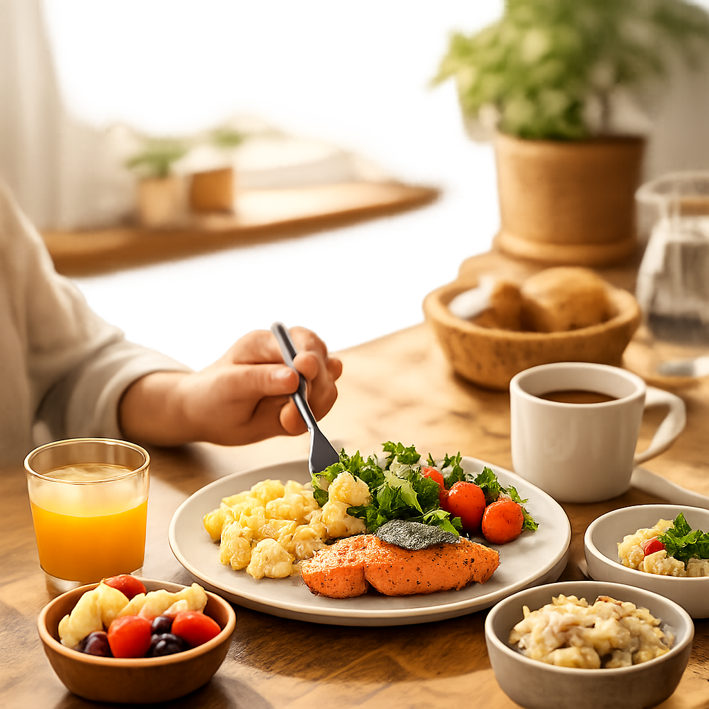 食事と睡眠、軽い運動を組み合わせた健康的な1日のイメージ